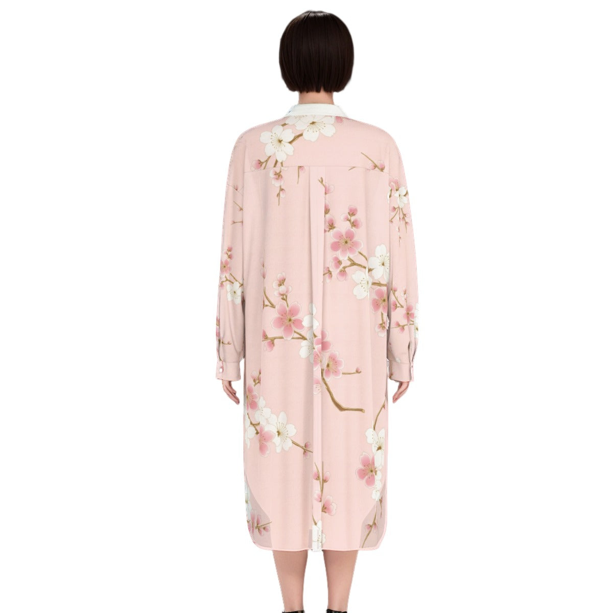 Pink Shirt Dress with Cherry Blossom Pattern | Tengura Store