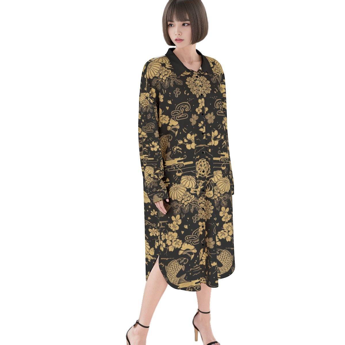 Black Midi Dress with Golden Japanese Floral Pattern | Tengura Store