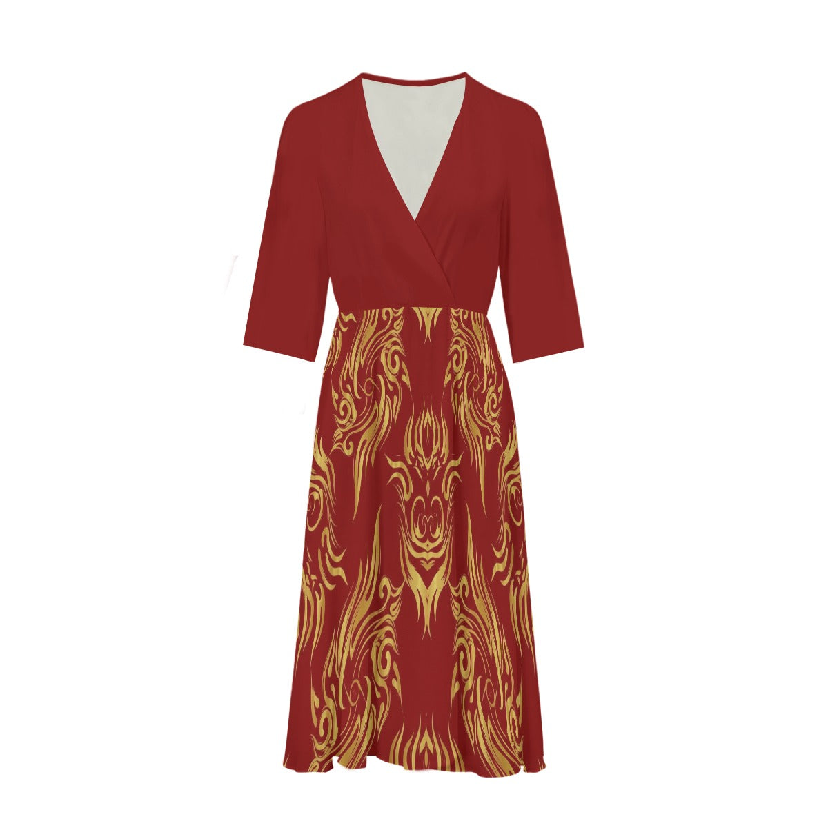 Red Dragon Midi Dress with Golden Oriental Design | Tengura Store