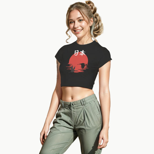 Rising Sun Japan Black Crop Top with Cranes | Tengura Store