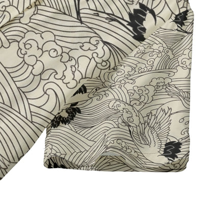 Japanese Waves and Crane Hawaii-Style Shirt Traditional Ukiyoe Design | Tengura Store