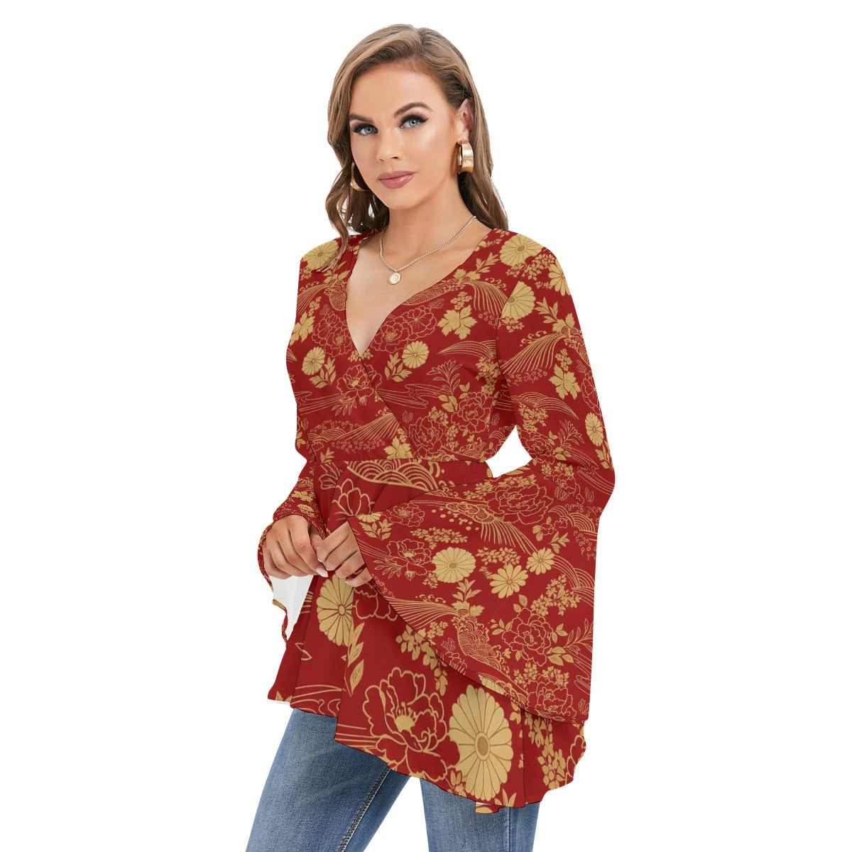 Burgundy Kimono Blouse with Chrysanthemum Pattern | Tengura Store