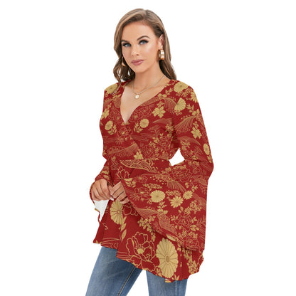 Burgundy Kimono Blouse with Chrysanthemum Pattern | Tengura Store