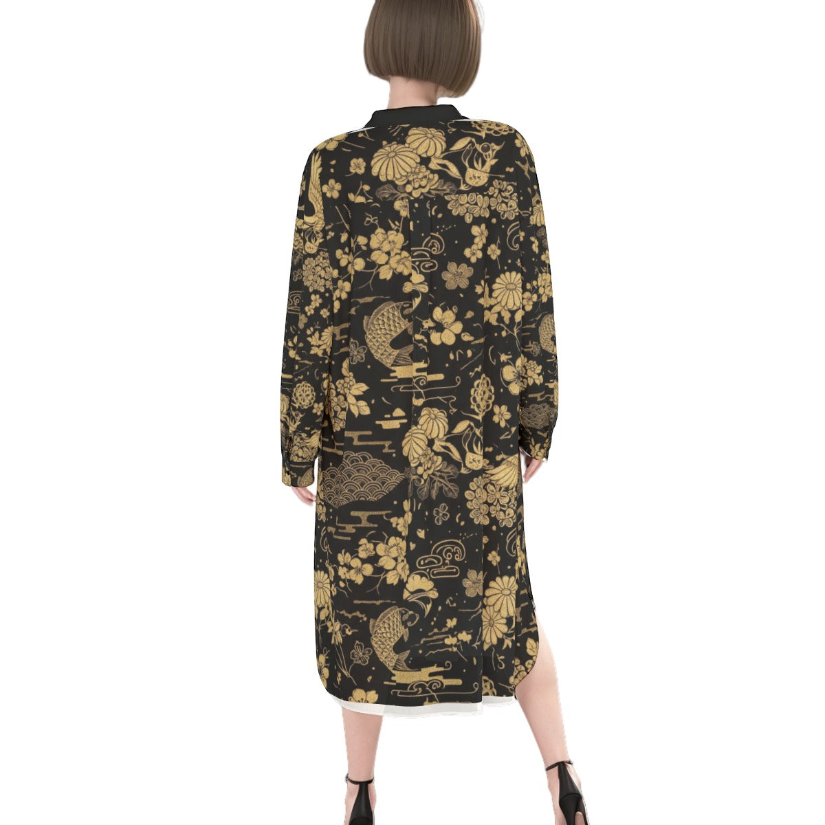 Black Midi Dress with Golden Japanese Floral Pattern | Tengura Store