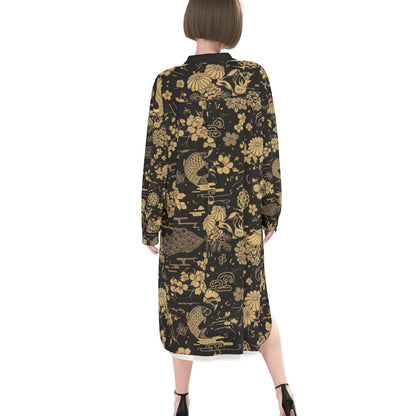 Black Midi Dress with Golden Japanese Floral Pattern | Tengura Store