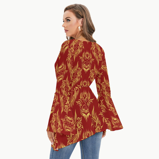 Red Phoenix Wrap Blouse with Golden Traditional Print | Tengura Store