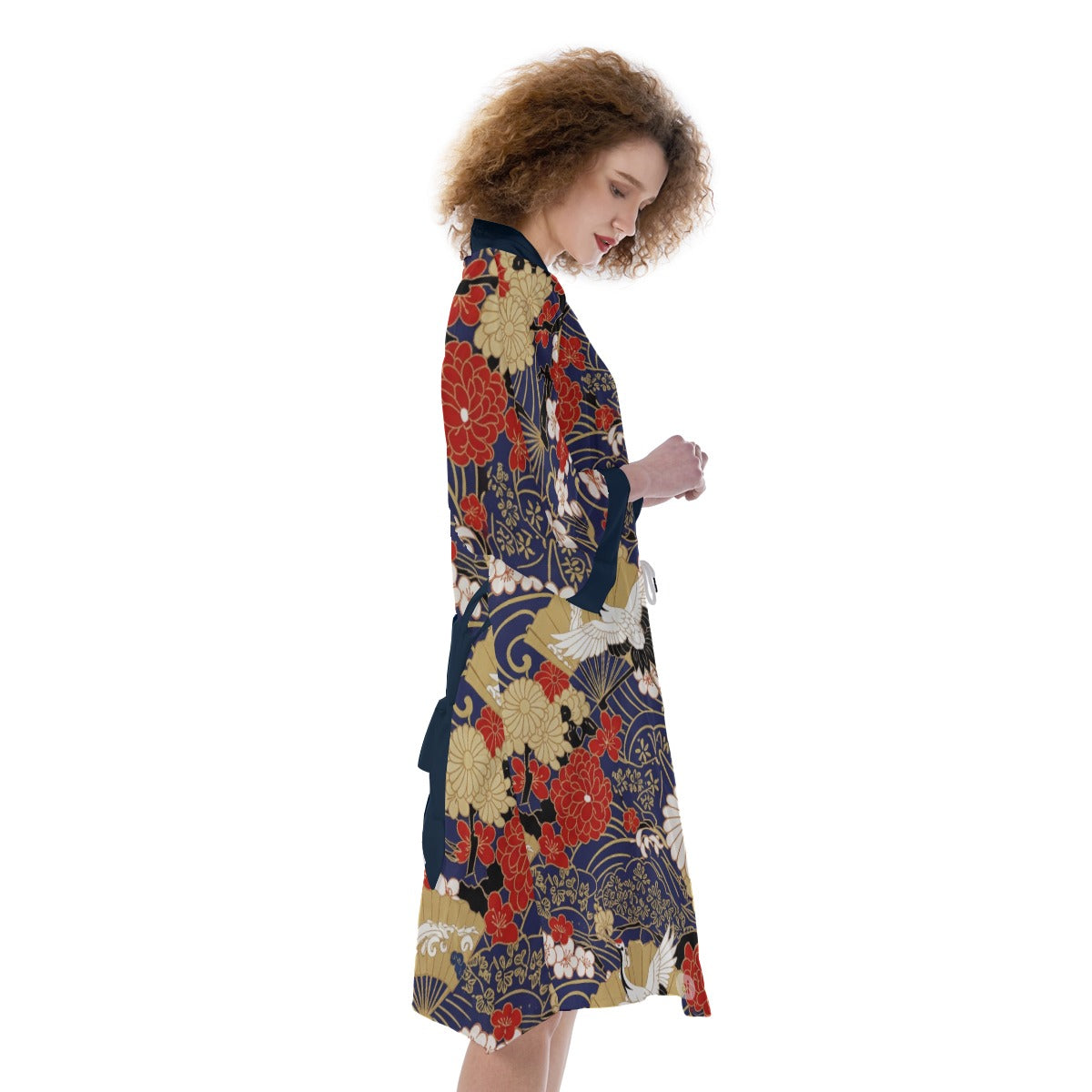 Navy Chrysanthemum Crane Japanese Kimono Robe | Tengura Store