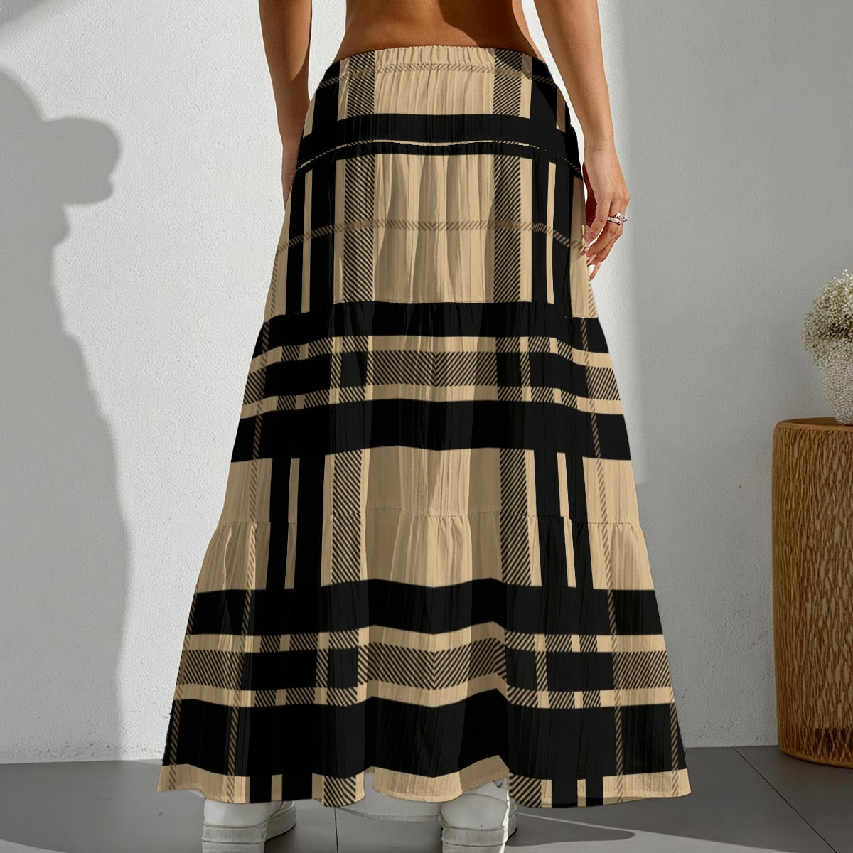 Beige Black Plaid Japanese Maxi Skirt with Drawstring Waist | Tengura Store