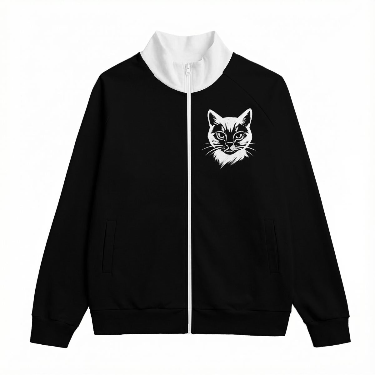 Japanese Sumi-e Art Bomber Jacket | Cat and Sakura Black | Cotton 310gsm White | Tengura Store