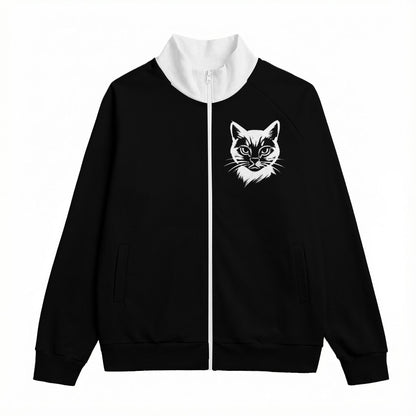Japanese Sumi-e Art Bomber Jacket | Cat and Sakura Black | Cotton 310gsm White | Tengura Store
