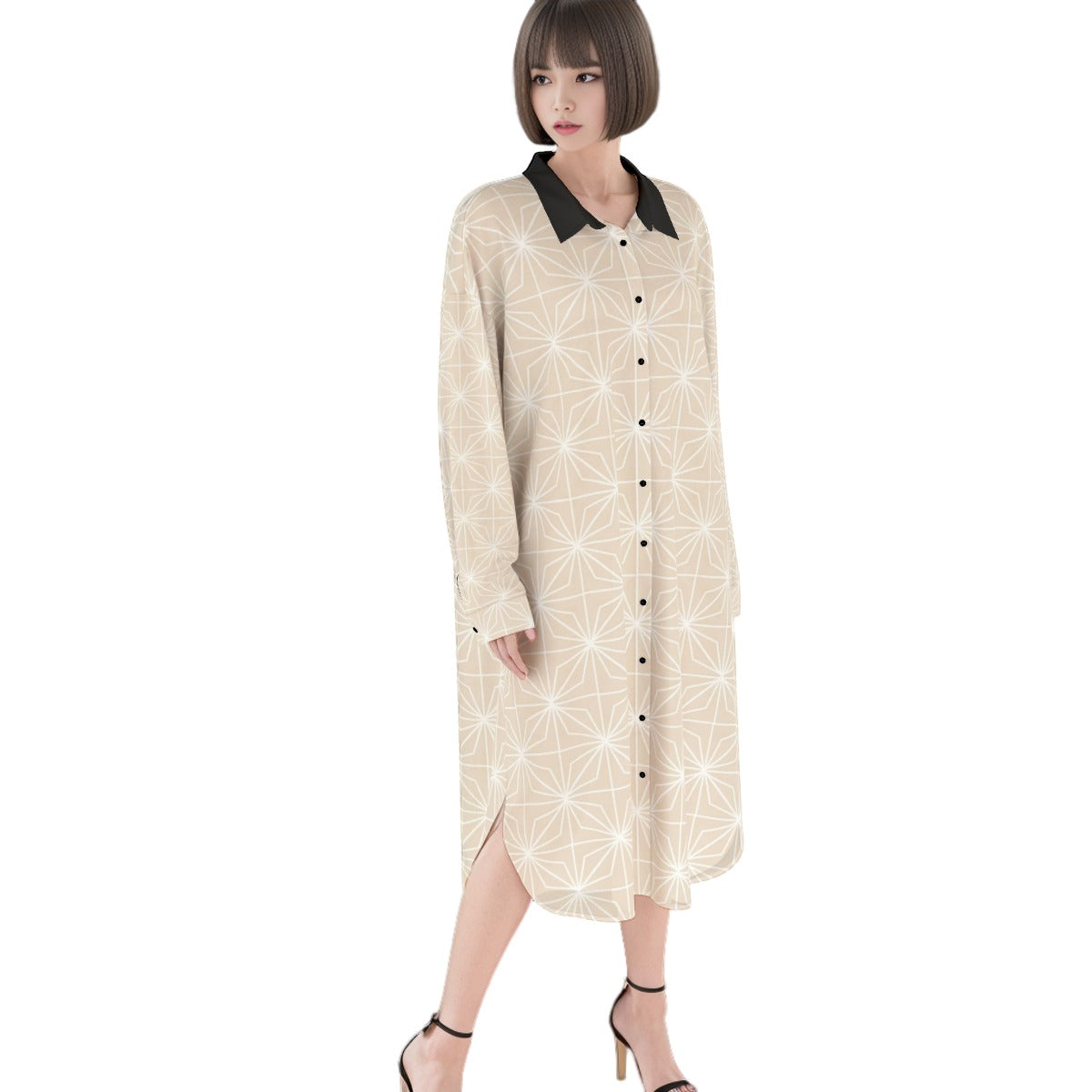 Shirt Dress Asanoha Beige Japanese Geometry | Tengura Store
