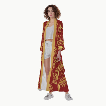 Red Gold Dragon Long Kimono Robe Cardigan | Tengura Store