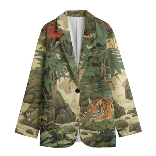Japanese Women's Tiger Blazer - Traditional Landscape Print Jacket 5XL | Tengura Store