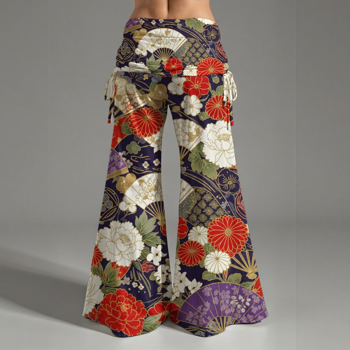 Kimono Inspired Wide Leg Pants with Japanese Floral and Fan Pattern | Tengura Store