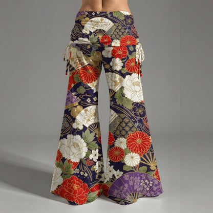 Kimono Inspired Wide Leg Pants with Japanese Floral and Fan Pattern | Tengura Store