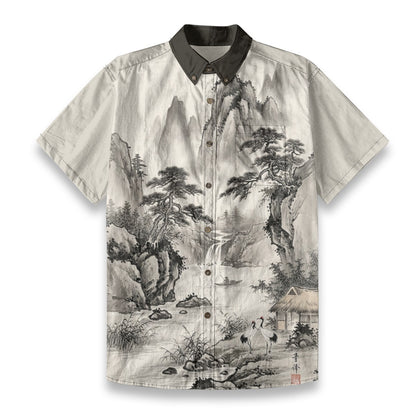 Japanese Sumi-e Shirt | Mountain Village| 140 gsm Cotton White | Tengura Store