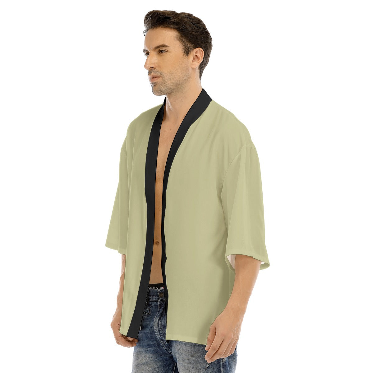 Sage Green Kimono Shirt with Traditional Mon Crest | Tengura Store