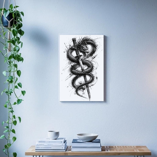 Dragon & Katana Sumi-e Canvas Print White | Tengura Store