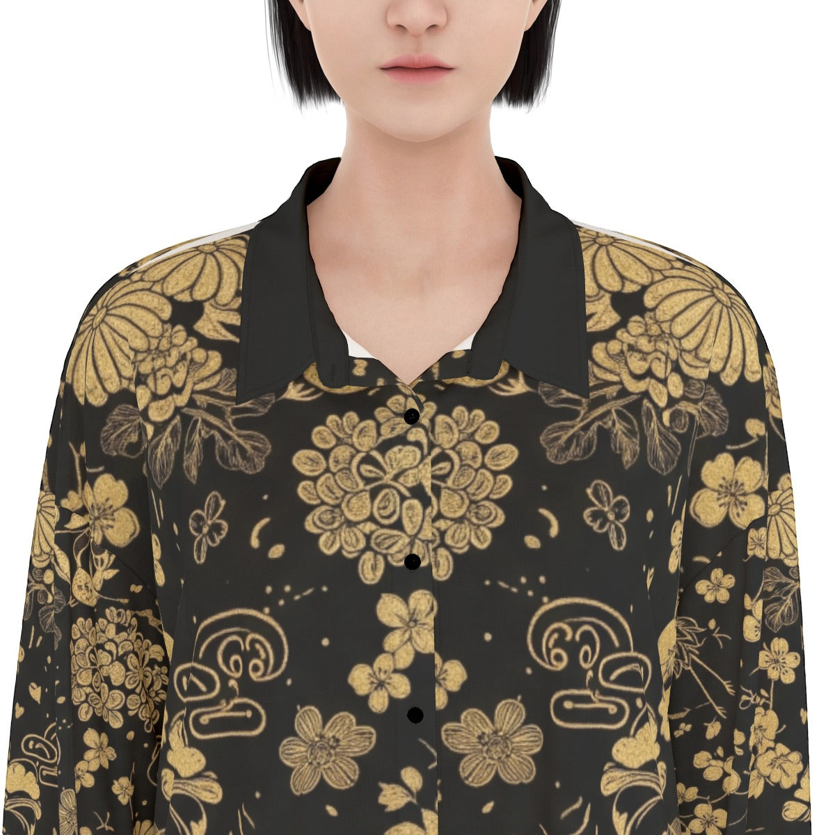 Black Midi Dress with Golden Japanese Floral Pattern | Tengura Store