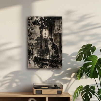 Japanese Canvas Wall Art | Cat Guardian at Night | Japanese Sumi-e Painting | Tengura Store