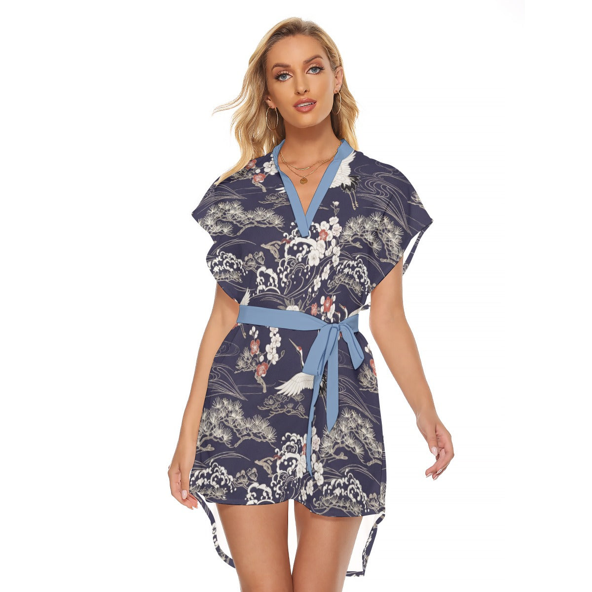 Navy Blue Crane Print Kimono Dress with Belt | Tengura Store