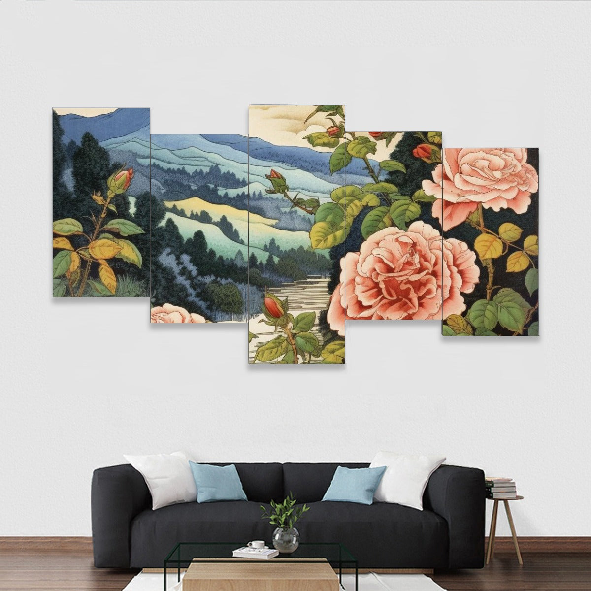 Quadro su tela multi pannello con paesaggio giapponese e giardino di rose | Tengura Store