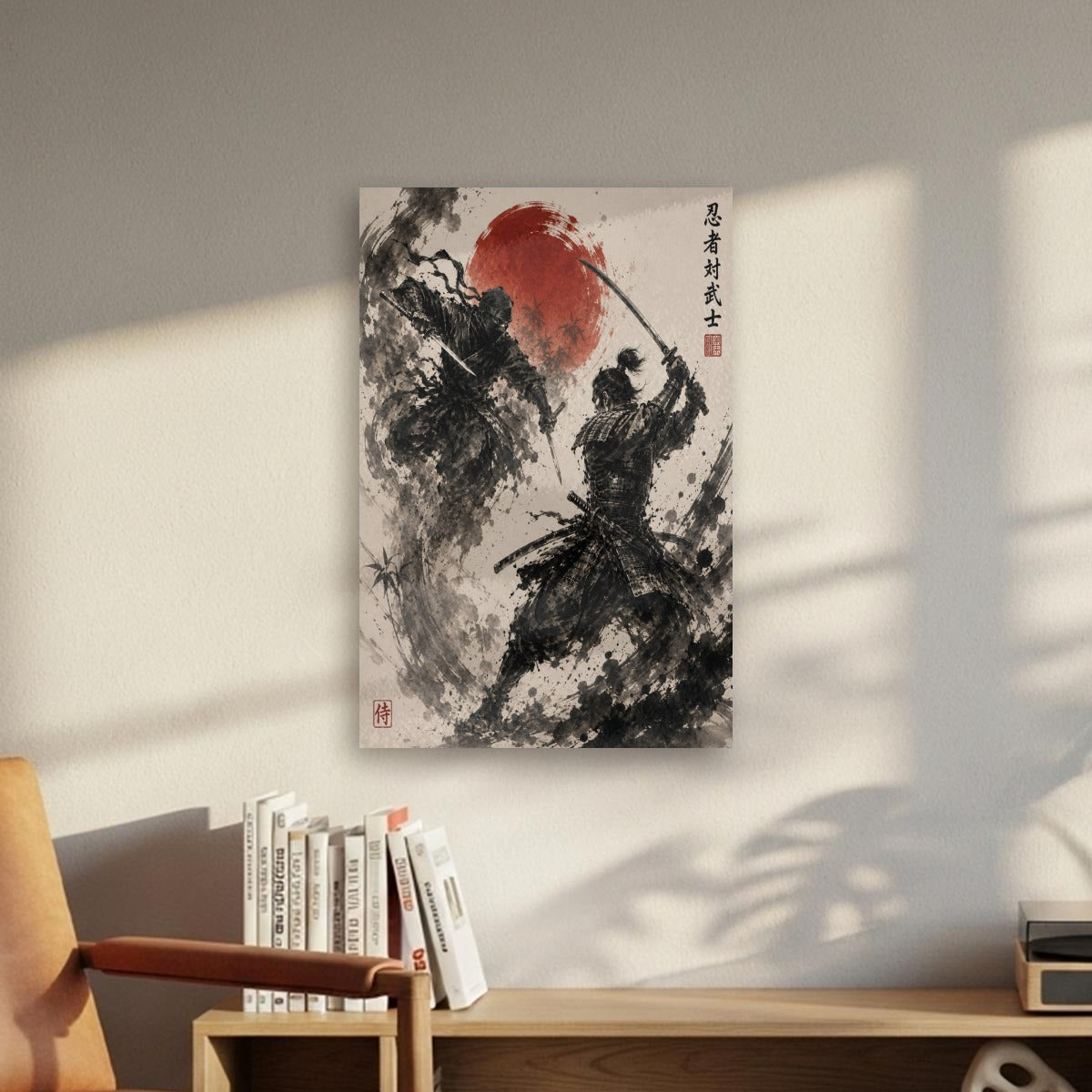 Ninja vs Samurai Duel Sumi-e Canvas Print | Tengura Store