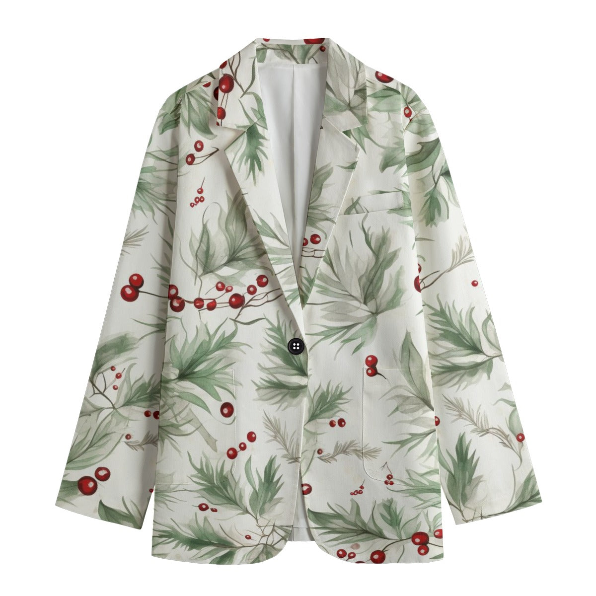 Japanese Women's Bamboo Blazer - White Floral Print with Red Berries