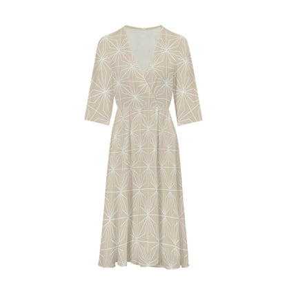 Beige Asanoha V-neck Wrap Dress | Tengura Store