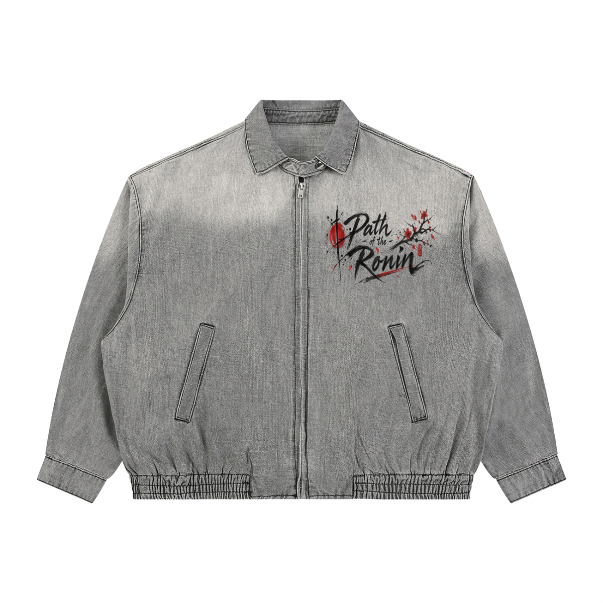 Japanese Vintage Unisex Zip Denim Jacket | Path of Ronin | Ronin & Sakura Light Gray | Tengura Store