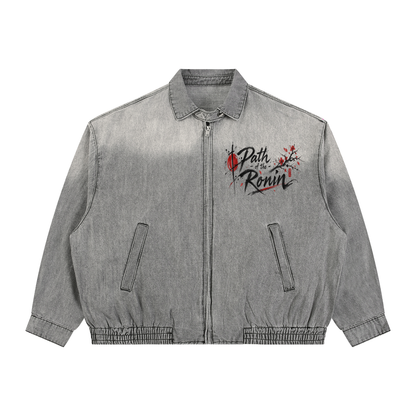 Japanese Vintage Unisex Zip Denim Jacket | Path of Ronin | Ronin & Sakura Light Gray | Tengura Store
