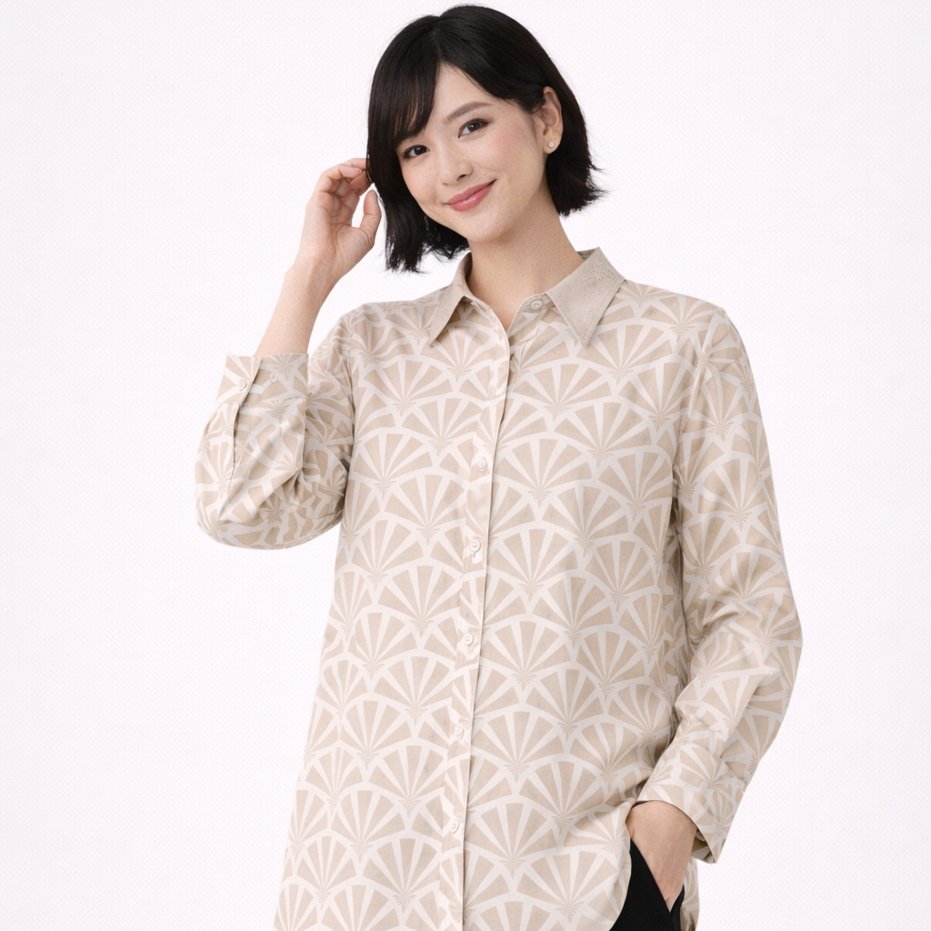 Camicia giapponese beige con motivo tradizionale a ventaglio | Tengura Store