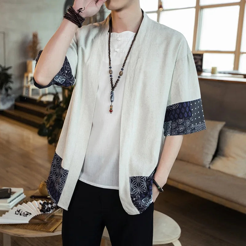 White Men’s Kimono Shirt - Japanese Pattern Sleeves | Tengura Store