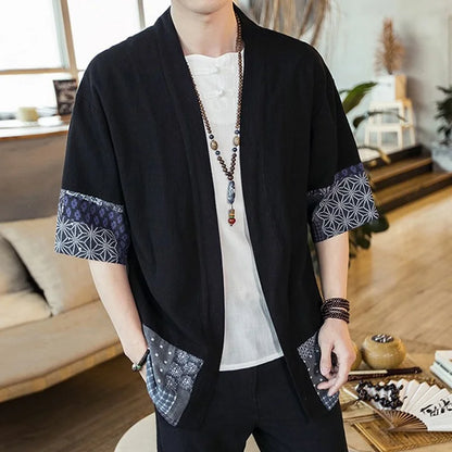Black Men’s Kimono Shirt - Japanese Pattern Sleeves | Tengura Store