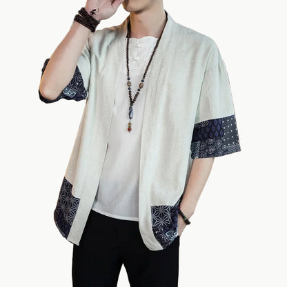 White Men’s Kimono Shirt - Japanese Pattern Sleeves 5XL | Tengura Store
