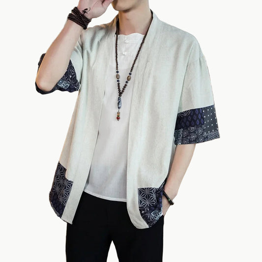 White Men’s Kimono Shirt - Japanese Pattern Sleeves 5XL | Tengura Store