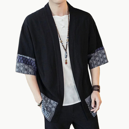 Black Men’s Kimono Shirt - Japanese Pattern Sleeves 5XL | Tengura Store