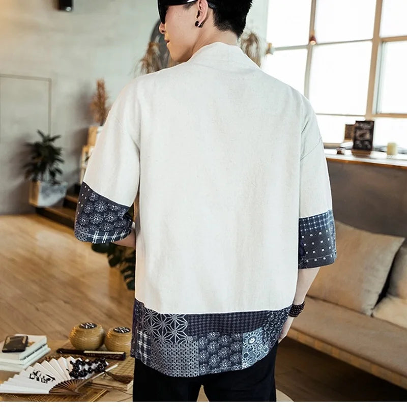 White Men’s Kimono Shirt - Japanese Pattern Sleeves | Tengura Store