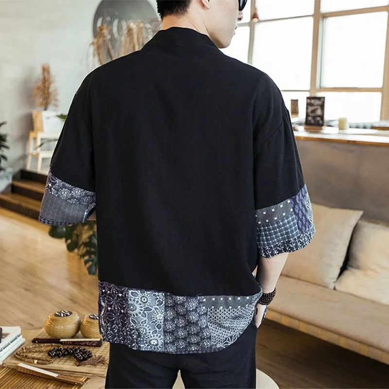 Black Men’s Kimono Shirt - Japanese Pattern Sleeves | Tengura Store