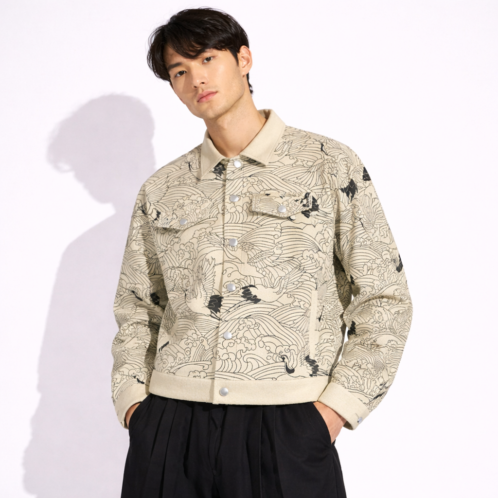 Cranes and Waves Denim Jacket - Japanese Symbol of Longevity | Tengura Store