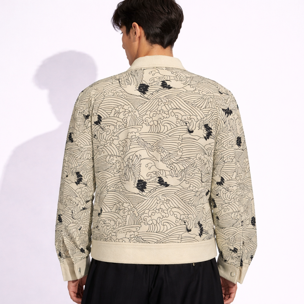 Cranes and Waves Denim Jacket - Japanese Symbol of Longevity | Tengura Store
