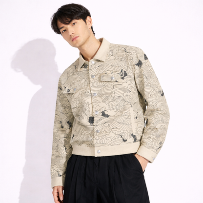 Cranes and Waves Denim Jacket - Japanese Symbol of Longevity | Tengura Store