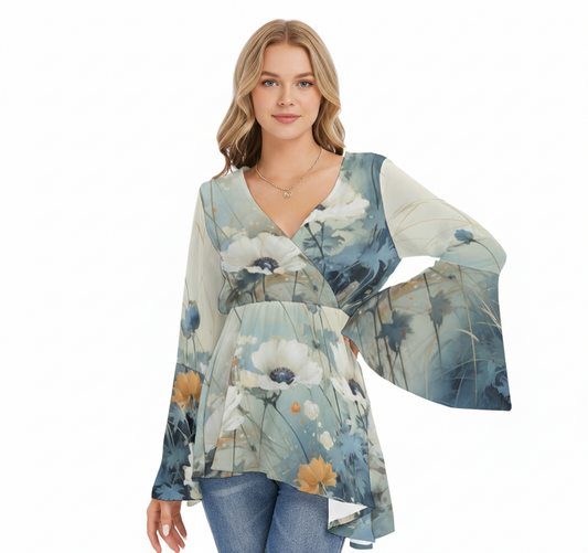 Japanese Botanical Wrap Top with Flare Sleeves