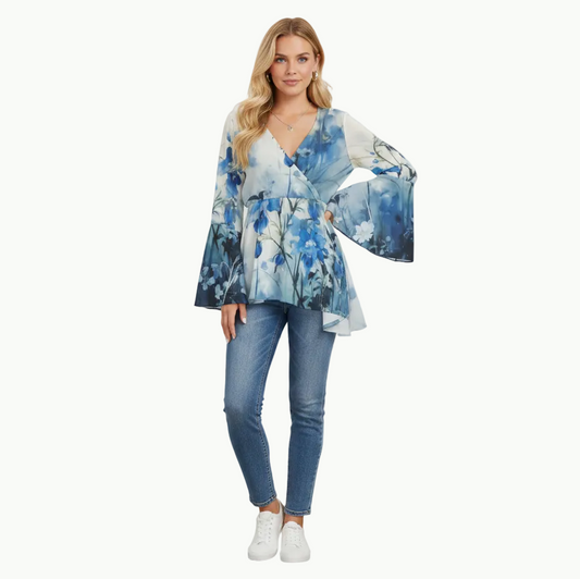 Japanese Floral Wrap Blouse with Kimono Sleeves
