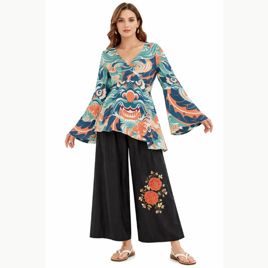 Japanese Oni Mask Wrap Top with Flared Sleeves
