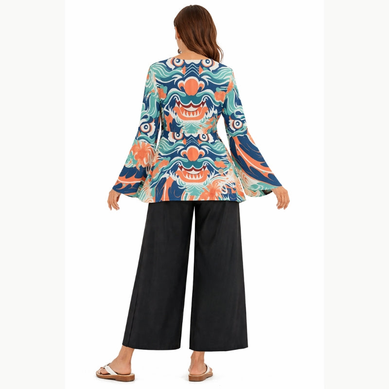Haut cache-cœur à manches évasées motif masque Oni japonais | Tengura Store