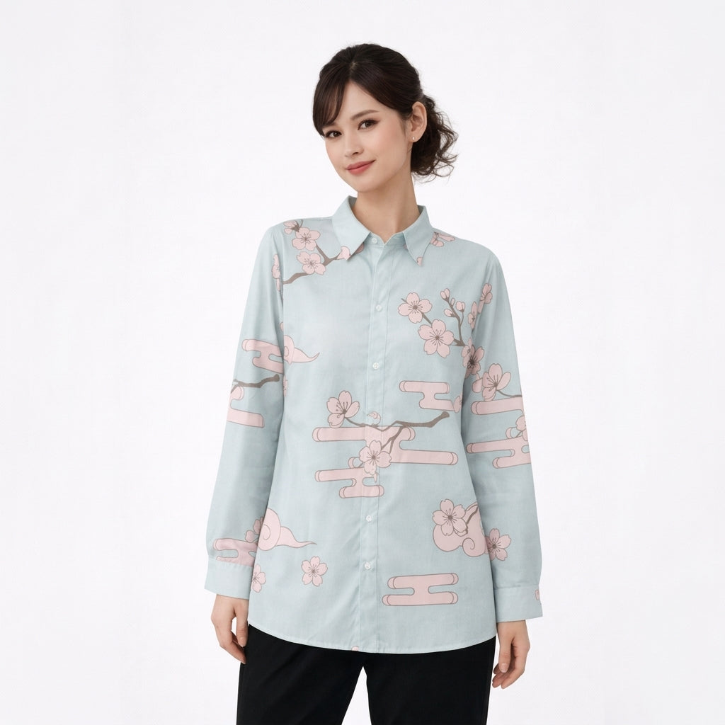 Blue Sakura Blouse - Japanese Cherry Blossom Button Up | Tengura Store