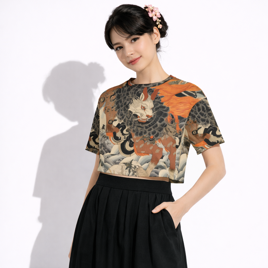 Ukiyo-e Style Mythical Japanese Creature Cropped T-Shirt | Tengura Store