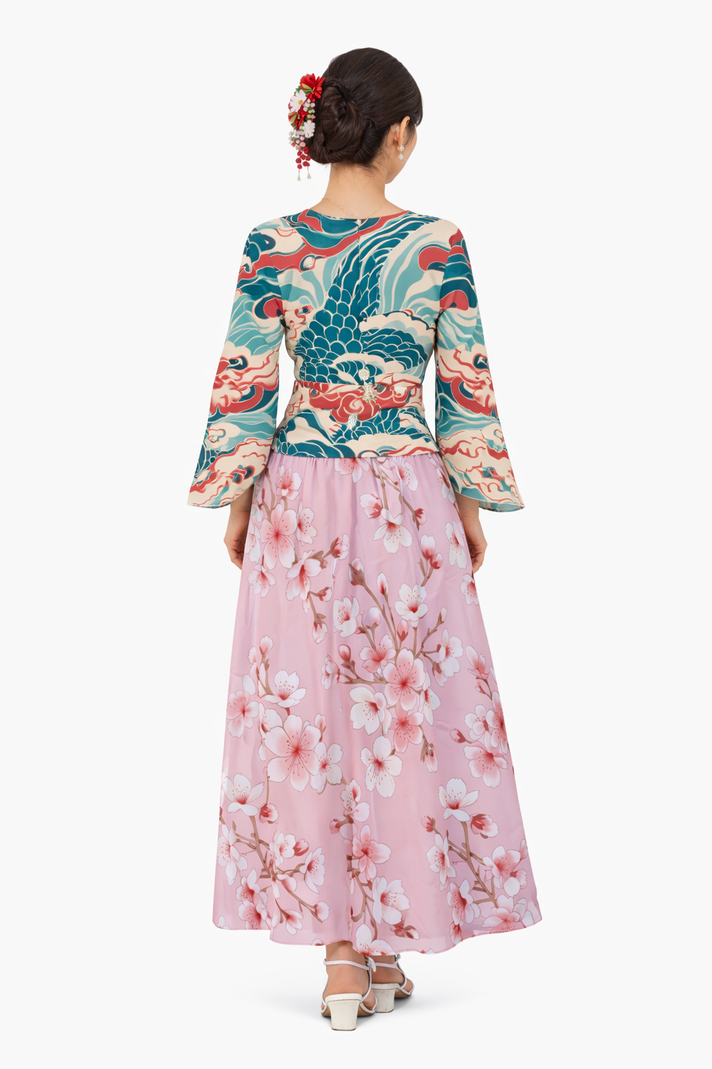 Blouse cache-cœur japonaise motif vagues et poissons à manches évasées | Tengura Store