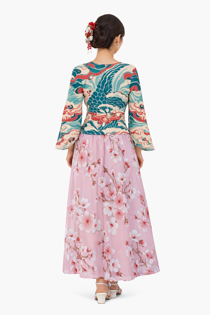 Blouse cache-cœur japonaise motif vagues et poissons à manches évasées | Tengura Store